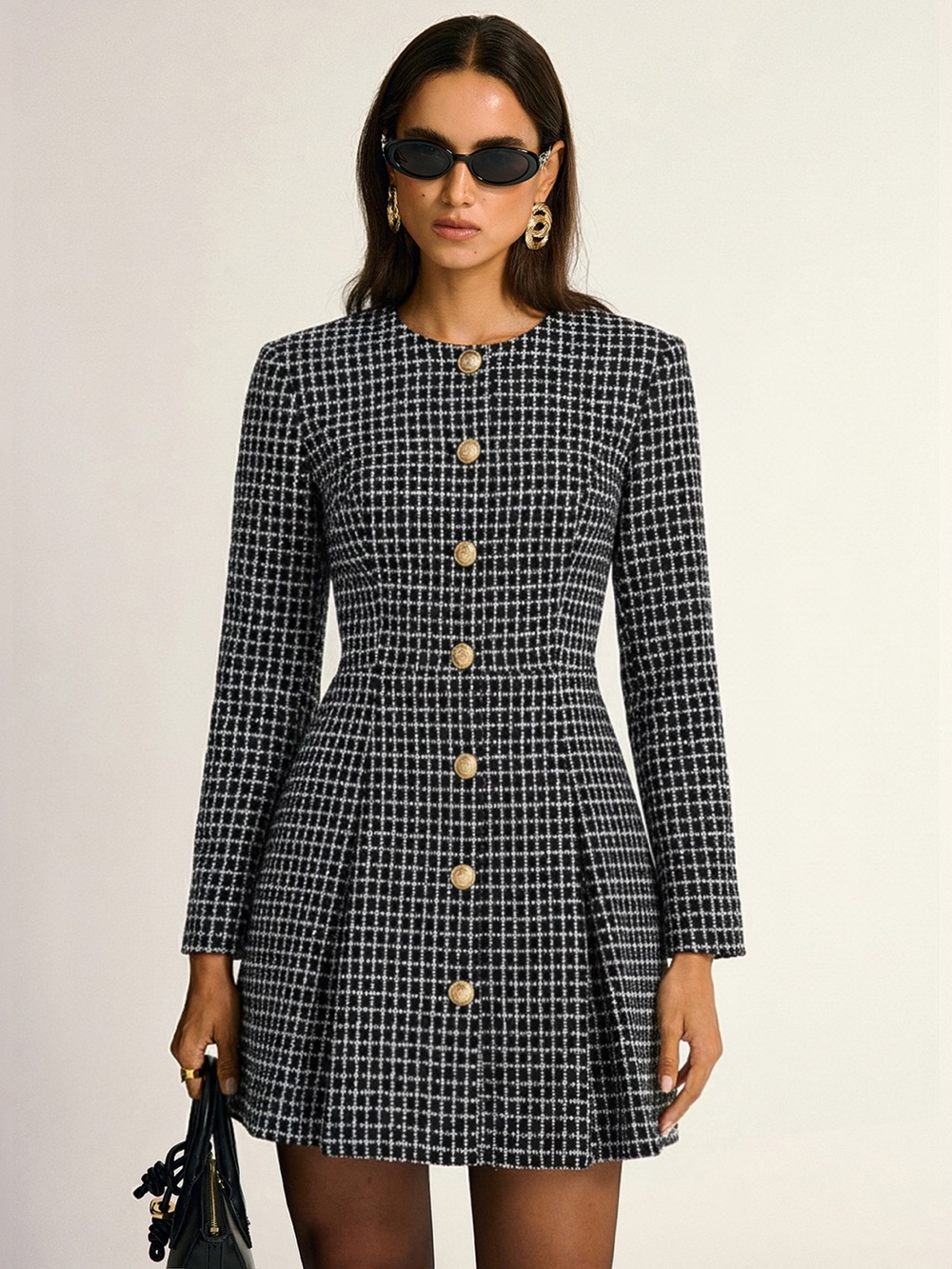 Commense Plaid Metal Button A-Line Mini Dress - Size XS